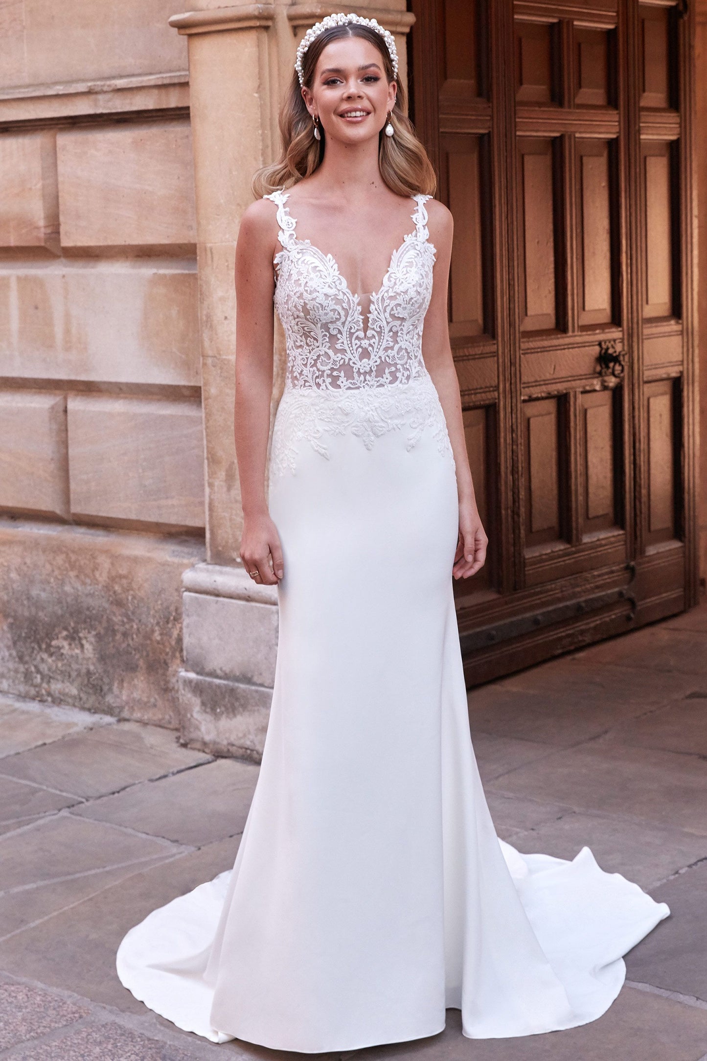 Stretch Crepe Fit and Flare Dress with Lace and Criss-Cross Back 11170