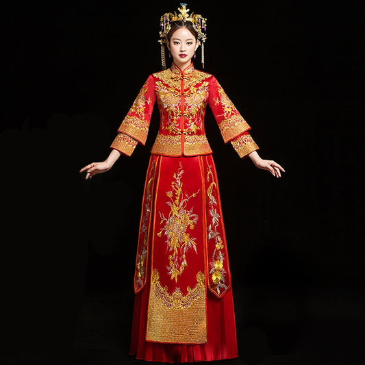 Bride Dragon Phoenix Embroidery Rhinestone Qipao Chinese Traditional Wedding Long Cheongsam 龍鳳卦/秀禾服 - Blossom Wedding