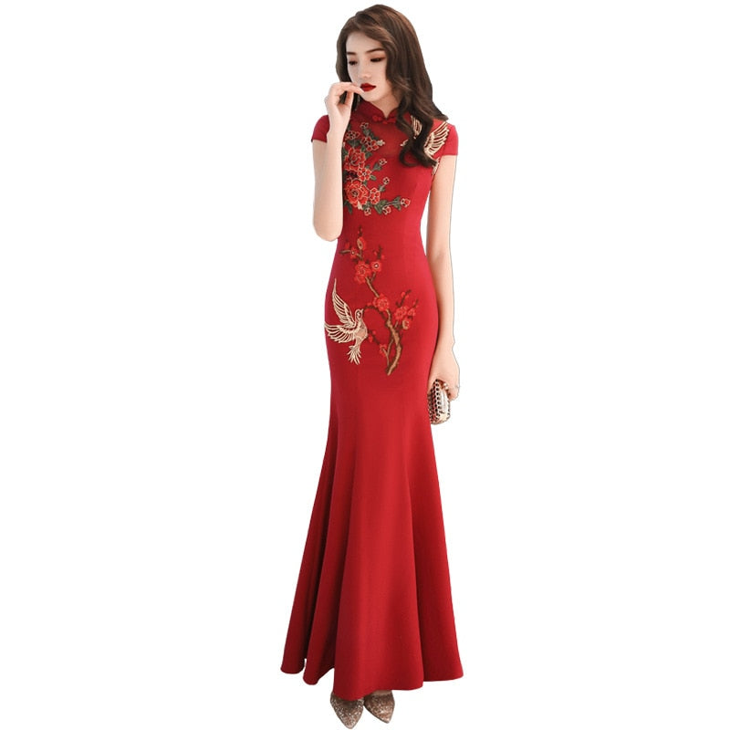 Embroidery Chinese Traditional Cheongsam Elegant Bride Wedding Party Dress Mermaid Sexy Long Qipao 旗袍/奧黛 Plus Size Available - Blossom Wedding