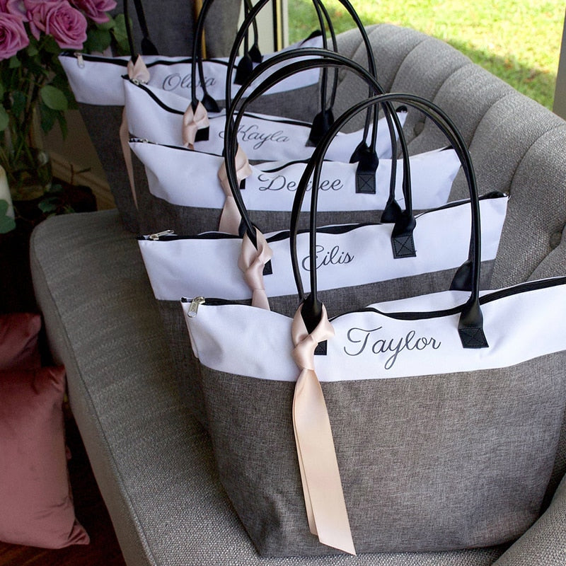 Wedding Canvas Bag Gift for Bridesmaid - Personalized Floral Tote Bags  w/Name Text - 8 Designs - Customized Initial Shoulder Bag - Custom Bridal