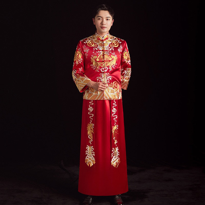 Groom's Wedding Qun Kua/Cheongsam 男士龍鳳卦 for Men in Royal Red with Subtle Dragon Embroidery - Blossom Wedding