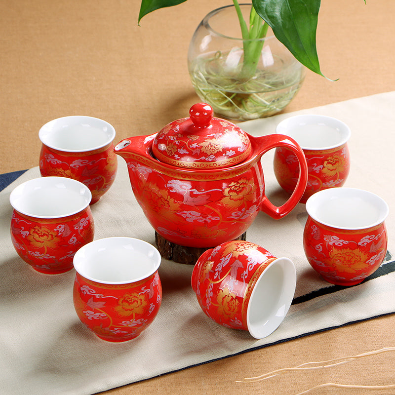 Red Gold Good Luck Chinese Wedding Tea Cups Tea Pot for