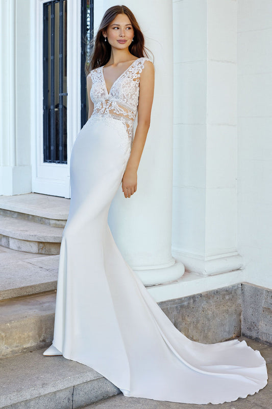 Crepe Fit and Flare Gown with Waist Cutouts and Beaded Lace 11105