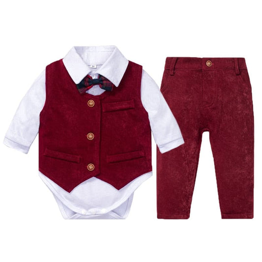 Boys Baby Wedding Suit White Romper + Red Vest + Pants 4 Pieces Kids Little Gentleman Infant Suits - Blossom Wedding