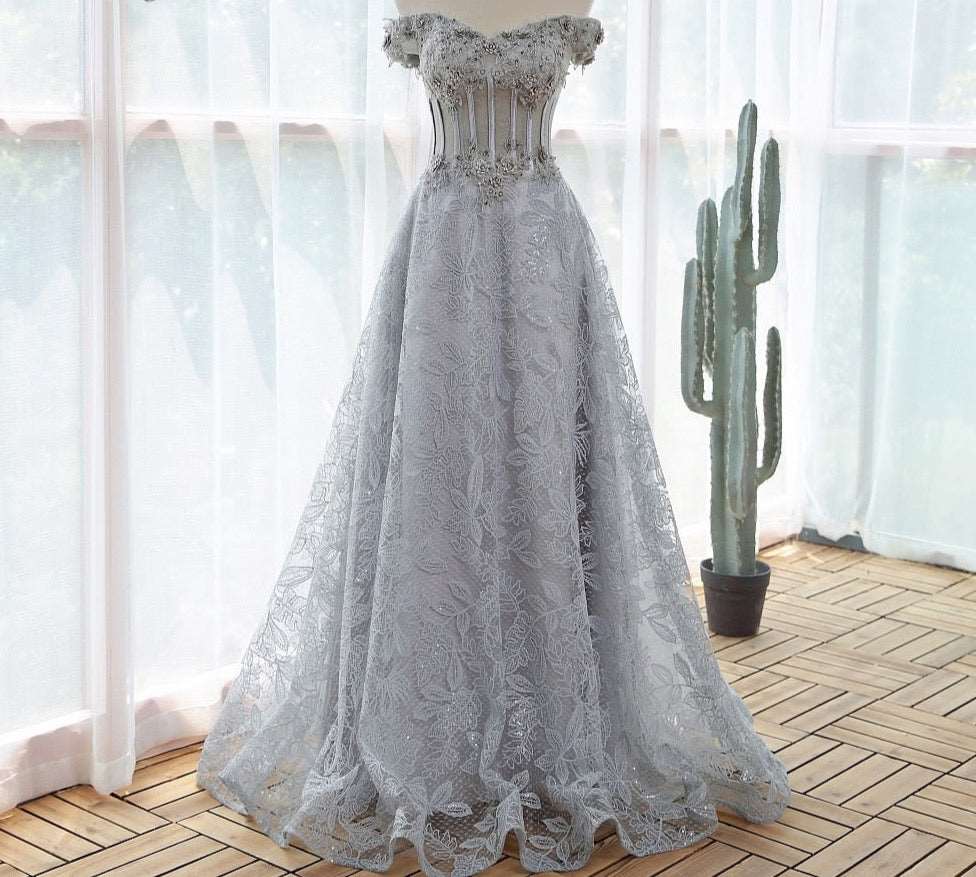 Elegant Lace Gray Evening Dress Plus Size - Blossom Wedding