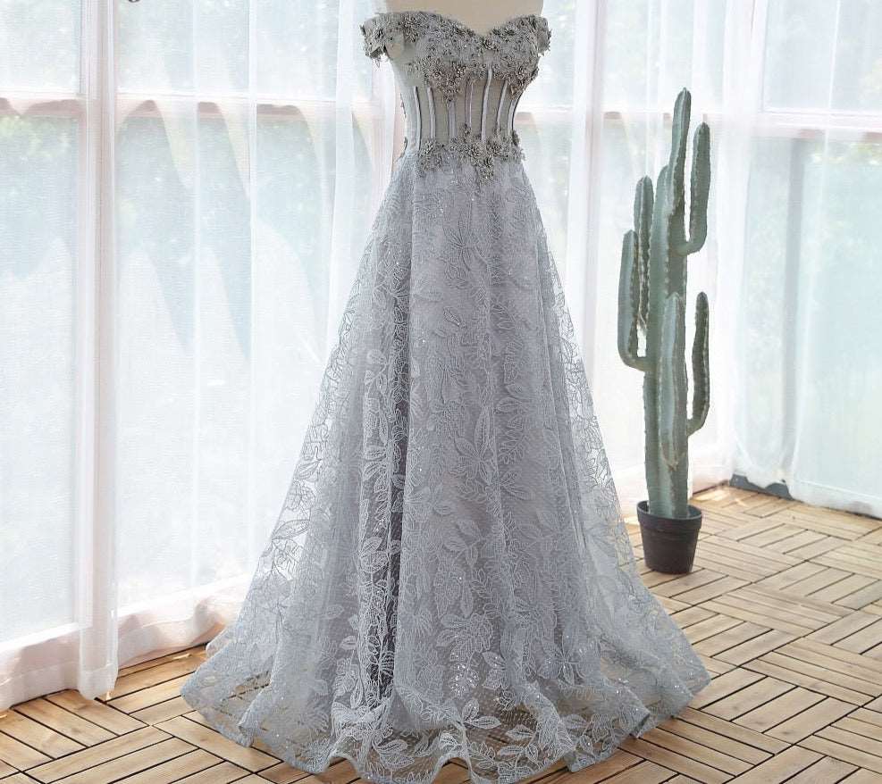 Elegant Lace Gray Evening Dress Plus Size - Blossom Wedding