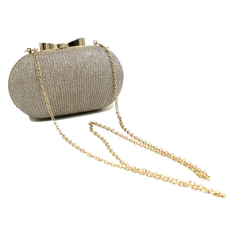 Shiny Golden Metal Bow Bridal Clutch Bag Wedding Handbag Chain Shoulder Bag - Blossom Wedding