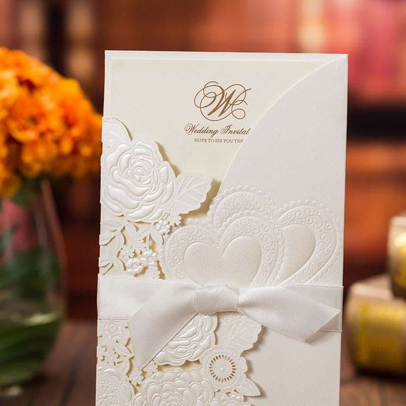 50 Sets Fashion White Wedding Invitation Card With Ribbon - Blossom Wedding