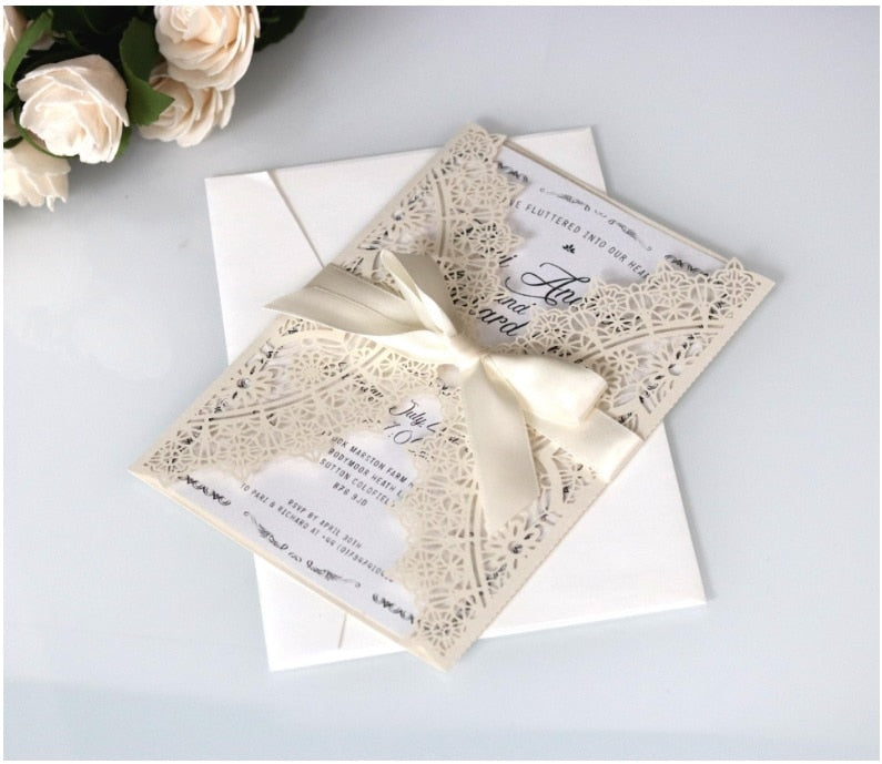 50 Sets Fashion Laser Cut White Wedding Invitation Card With Ribbon - Blossom Wedding