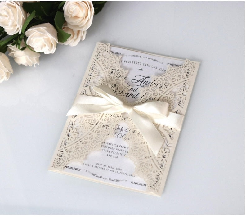 50 Sets Fashion Laser Cut White Wedding Invitation Card With Ribbon - Blossom Wedding