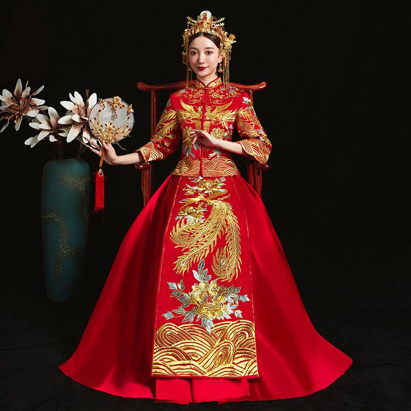 Traditional Chinese Bridal Wine Red Qipao Gown, Full Length China Bride Wedding Dress, Evening Toast Suit, Xi囍 high quality Tassel, Classic Embroidery