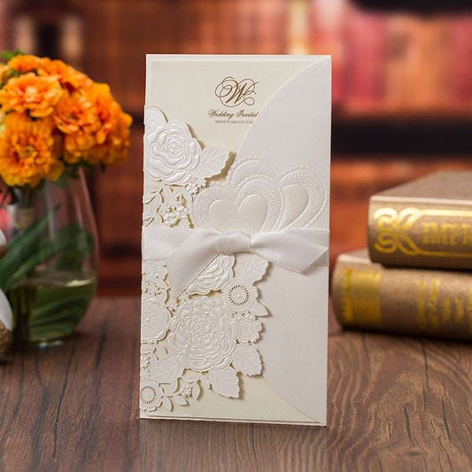 50 Sets Fashion White Wedding Invitation Card With Ribbon - Blossom Wedding