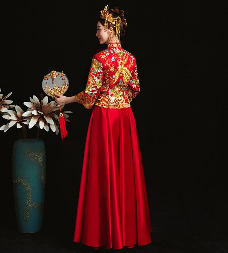 Red Traditional Chinese Style Bride Wedding Cheongsam Embroidery Gown Party Evening Dress Marry Qipao Vestido S-5XL - Blossom Wedding