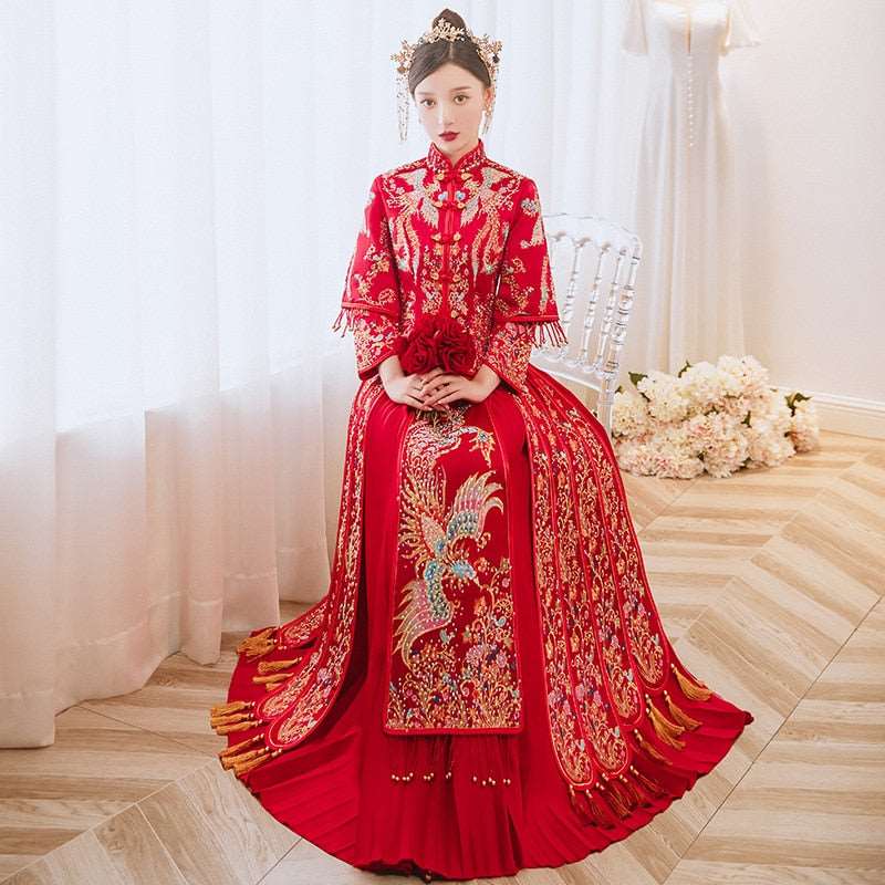 Golden Wedding Kua 龍鳳卦/秀禾服 Qun Kua Cheongsam for Bride with Full Embroidered Long Sleeve Top Coat and Skirt Red Phoenix - Blossom Wedding