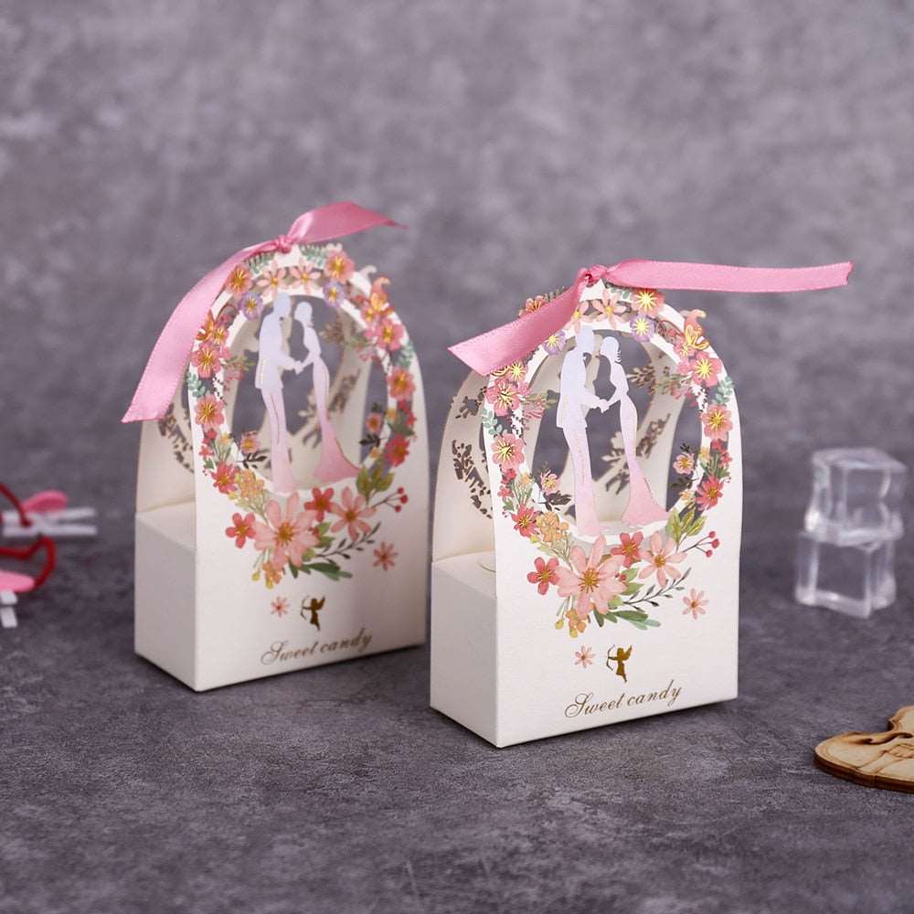 50 PCS Sweet Couple Pink Laser Cut Candy Gift Boxes - Blossom Wedding