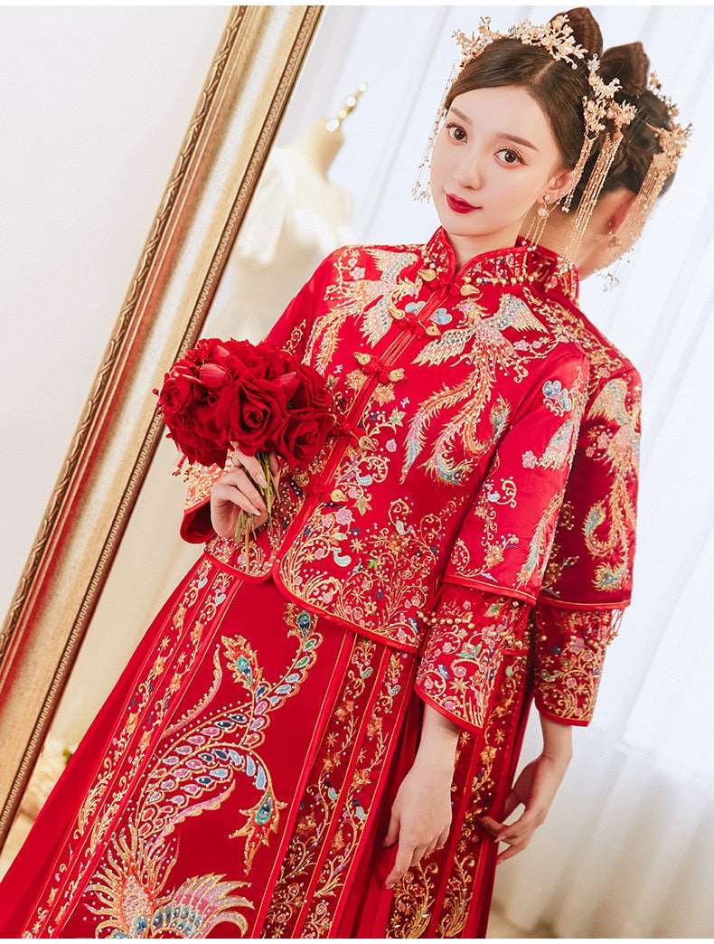 Golden Wedding Kua 龍鳳卦/秀禾服 Qun Kua Cheongsam for Bride with Full Embroidered Long Sleeve Top Coat and Skirt Red Phoenix - Blossom Wedding