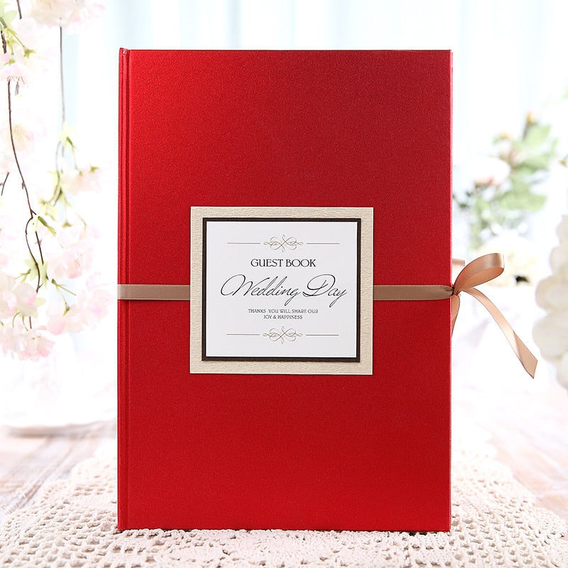 Red and Gold Hardcover Wedding Guest Book With Ribbon and Sign Tag - Blossom Wedding
