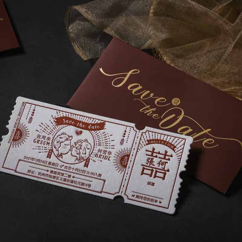 40 PCS Letterpress Cotton Invites with Double Happiness Pocket Design - Blossom Wedding