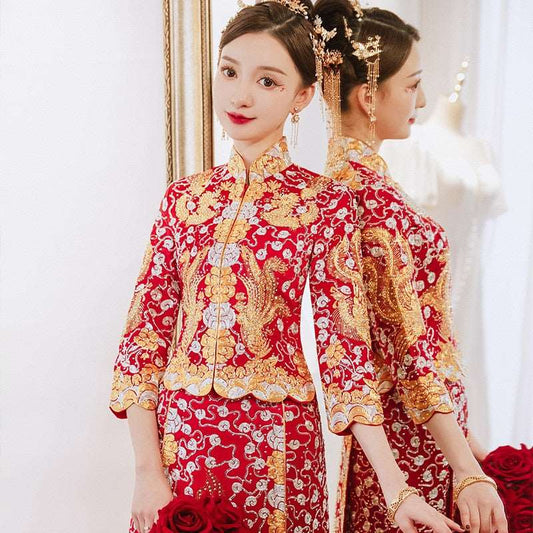 Bride Wedding Dress Exquisite Phoenix Embroidery Cheongsam Oriental Chinese Style Bride Costume Toast Clothing - Blossom Wedding