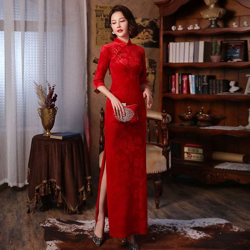 Chinese Style Long Dress Slim Cheongsam Red Qipao Wedding Party Dress 旗袍/奧黛 Plus Size Available - Blossom Wedding
