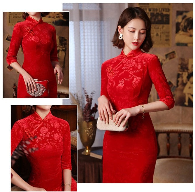 Chinese Style Long Dress Slim Cheongsam Red Qipao Wedding Party Dress 旗袍/奧黛 Plus Size Available - Blossom Wedding