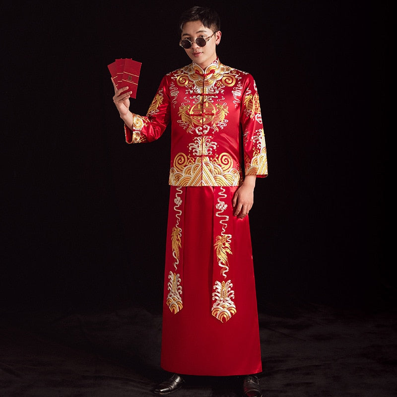Groom's Wedding Qun Kua/Cheongsam 男士龍鳳卦 for Men in Royal Red with Subtle Dragon Embroidery - Blossom Wedding