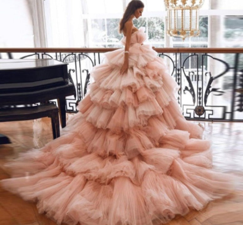 Princess Pink Strapless Tiered Pleat Tulle Ball Gown Evening Dress - Blossom Wedding