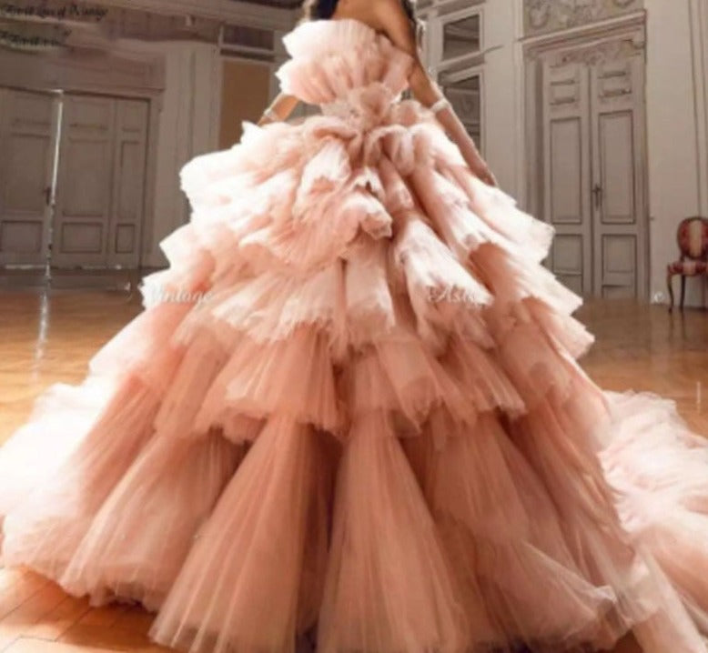 Princess Pink Strapless Tiered Pleat Tulle Ball Gown Evening Dress - Blossom Wedding