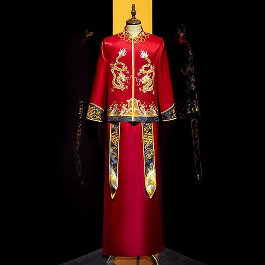 Groom's Wedding Qun Kua/Cheongsam 男士龍鳳卦 for Men in Red Top Bottom with Golden Embroidery - Blossom Wedding