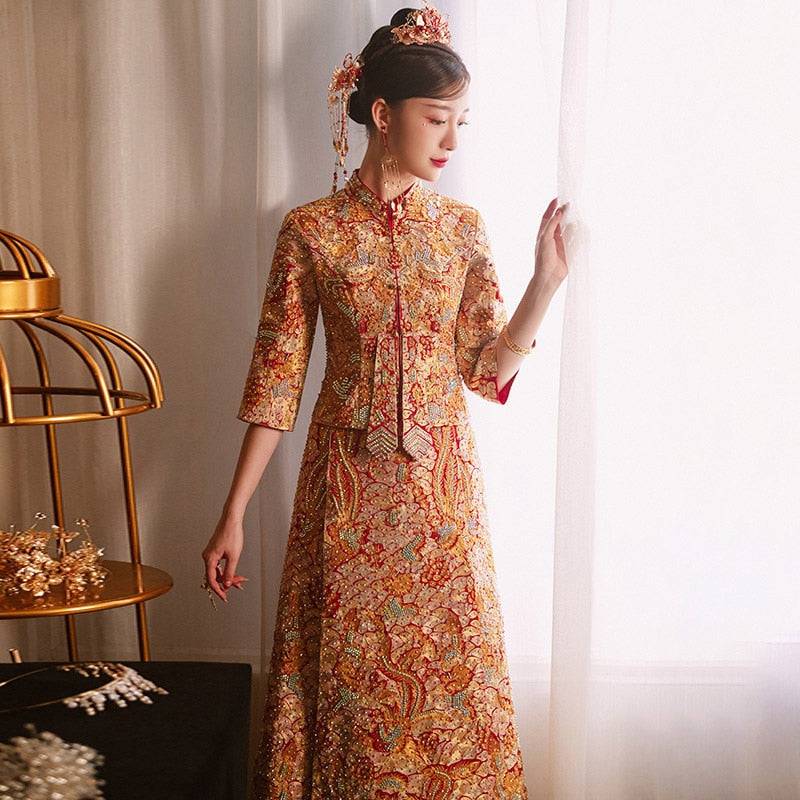 Pleated Skirt with Tassel Wedding Kua 龍鳳卦/秀禾服 Qun Kua Cheongsam for Bride with All Golden Phoenix And Dragon Embroidery - Blossom Wedding