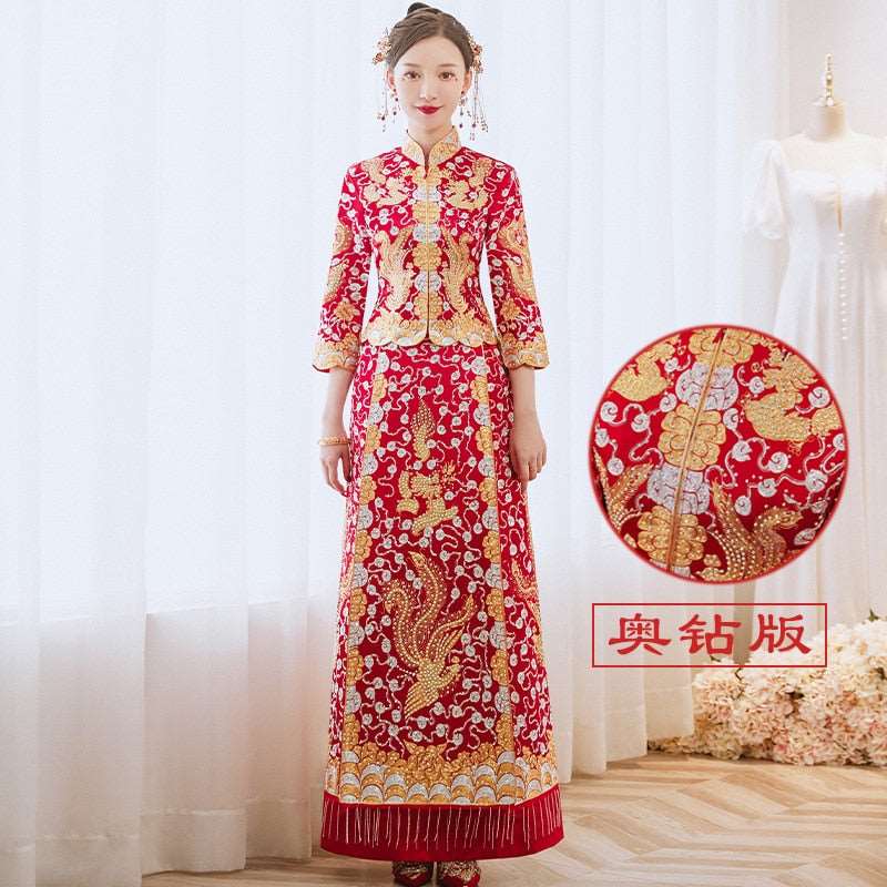 Bride Wedding Dress Exquisite Phoenix Embroidery Cheongsam Oriental Chinese Style Bride Costume Toast Clothing - Blossom Wedding