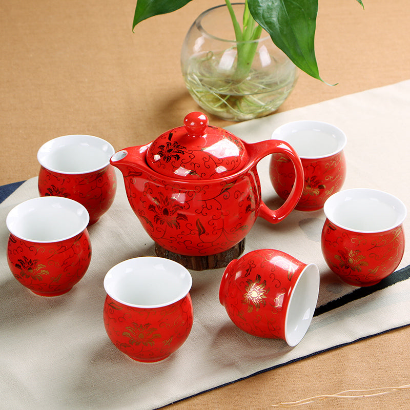 Red & Gold Good Luck Chinese Wedding Tea Cups & Tea Pot for Engagement Ceremony - Blossom Wedding